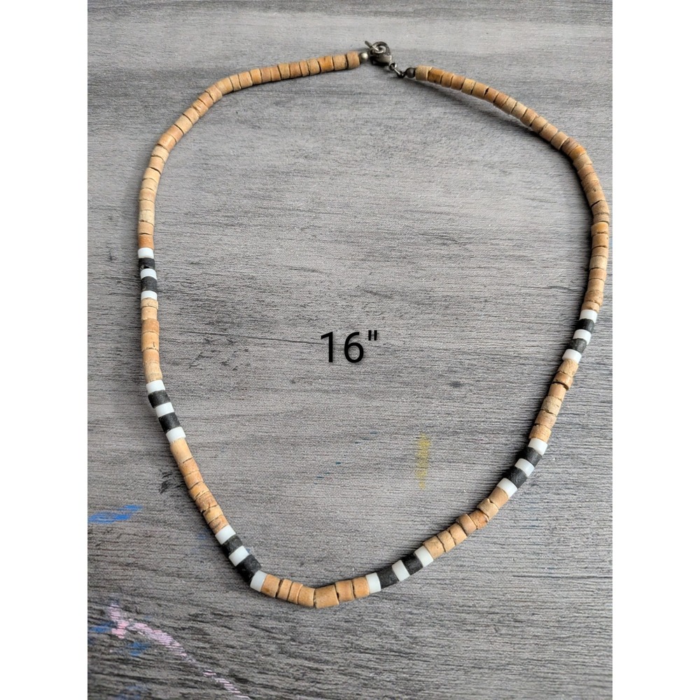 Handmade Wood Heishi Bead Necklace Neutral Boho Choker 16 Inch